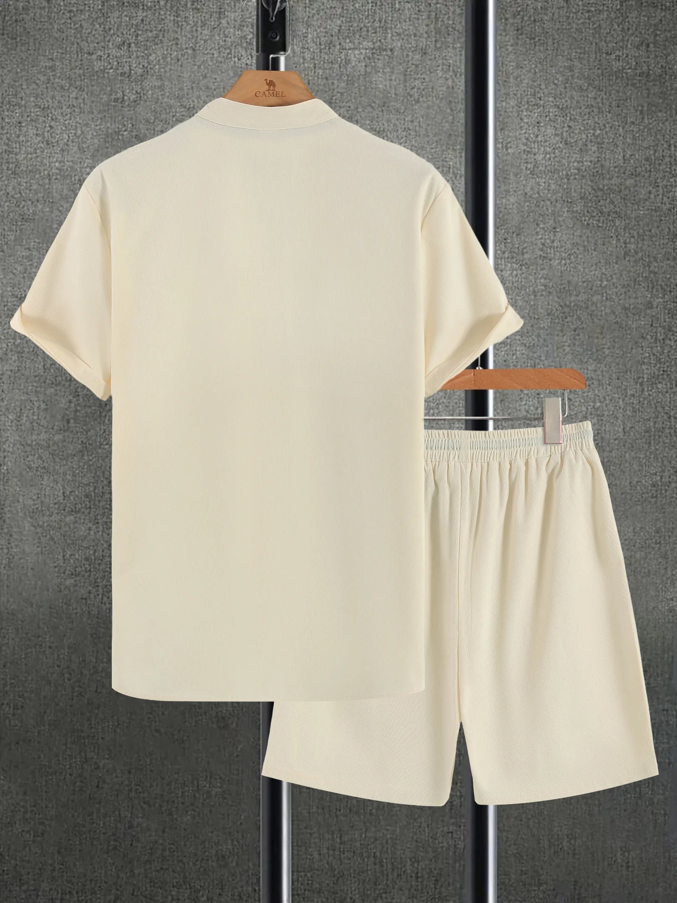 Men's Summer Chinese Style Set, Off-White Stand Collar Short Sleeve Shirt + Shorts