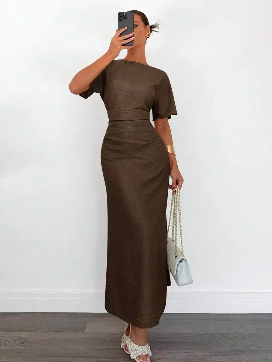 Women's Cotton Blend Short Sleeve Cinched Waist Maxi Dress