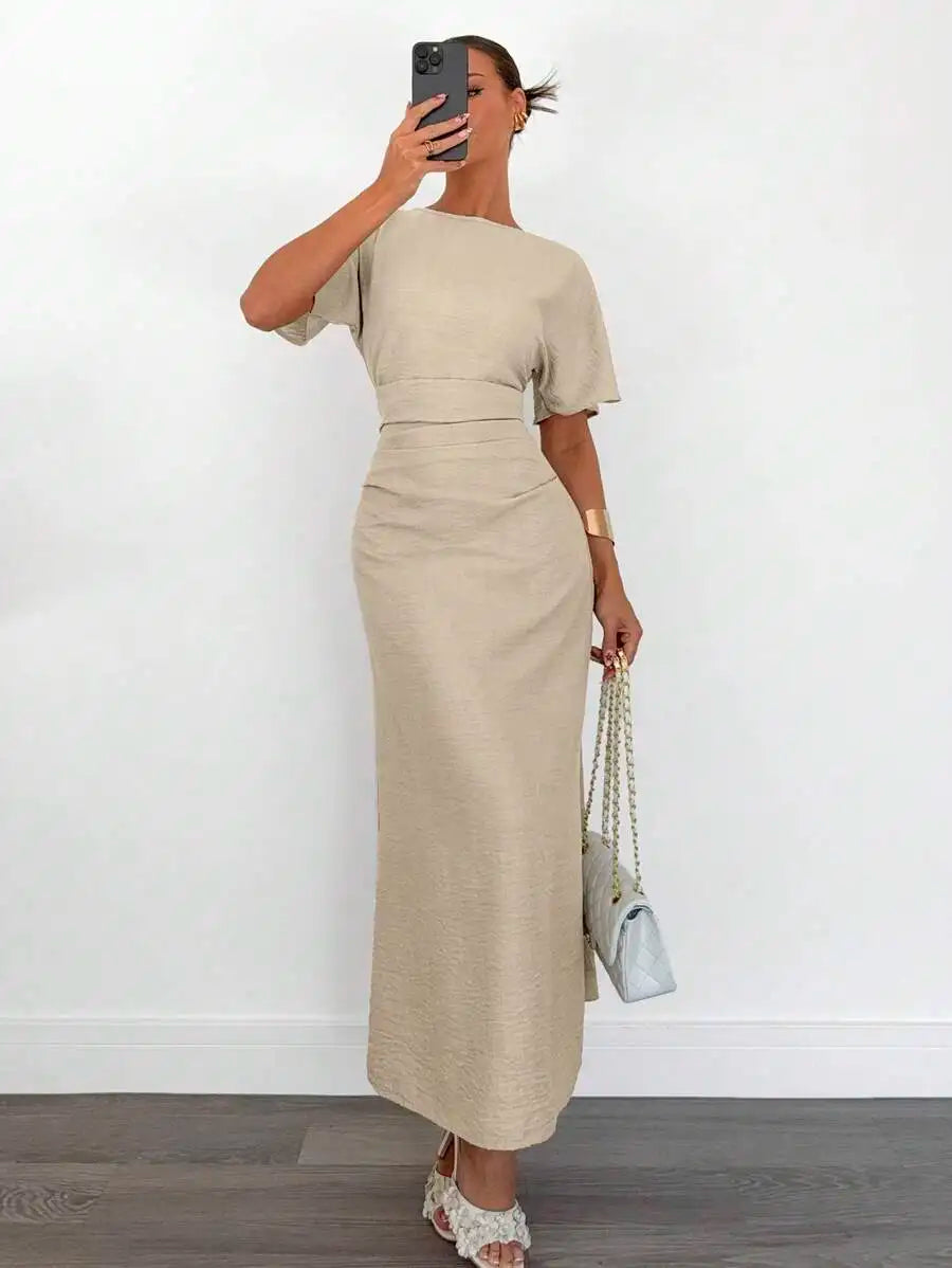 Women's Cotton Blend Short Sleeve Cinched Waist Maxi Dress