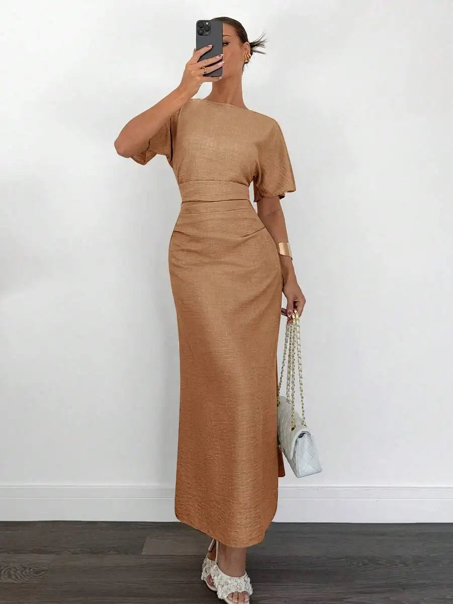Women's Cotton Blend Short Sleeve Cinched Waist Maxi Dress