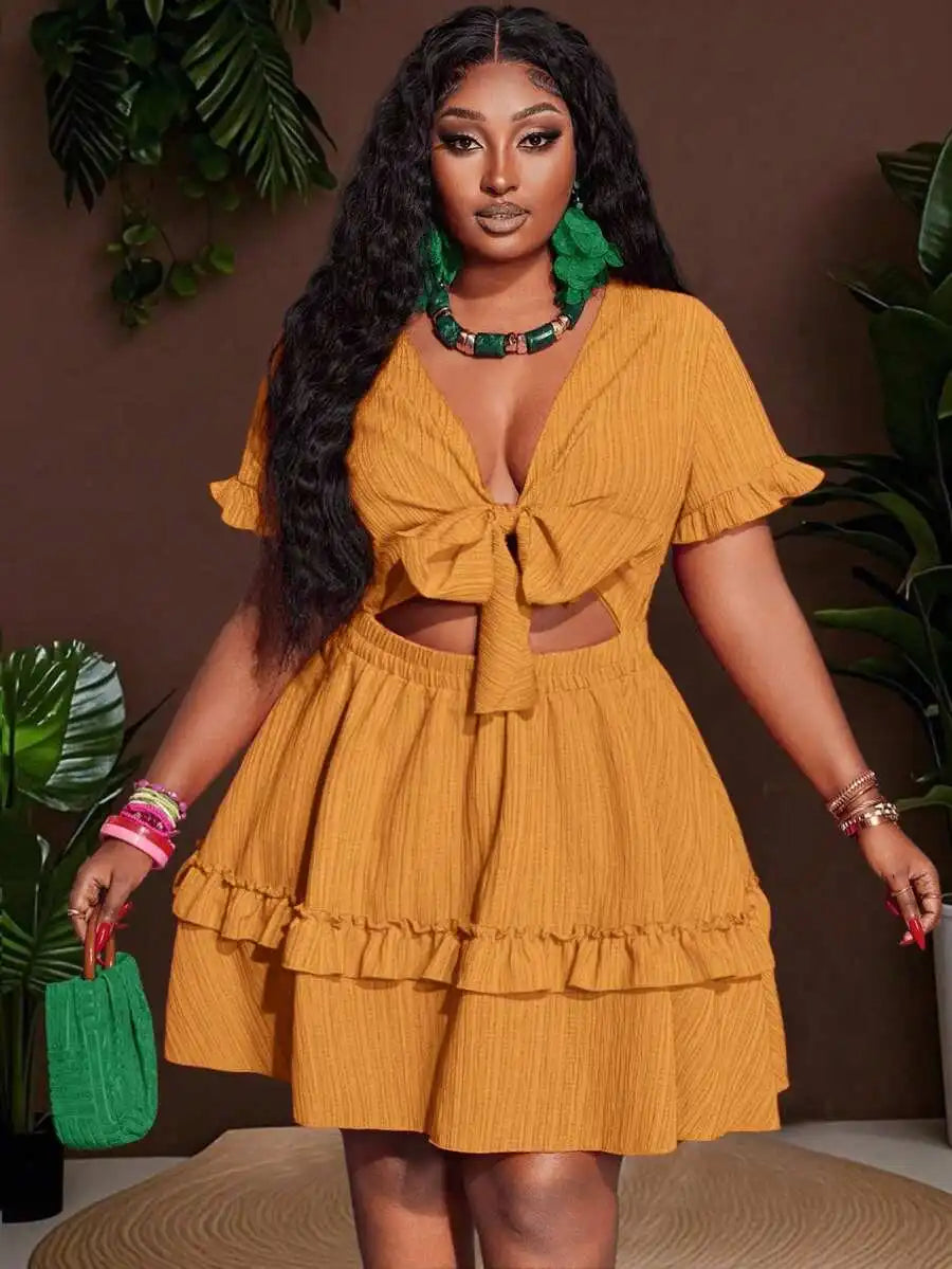 Women's Ruffle Mini Dress with Chest Tie-Up and Hollow Out Detail A-Line