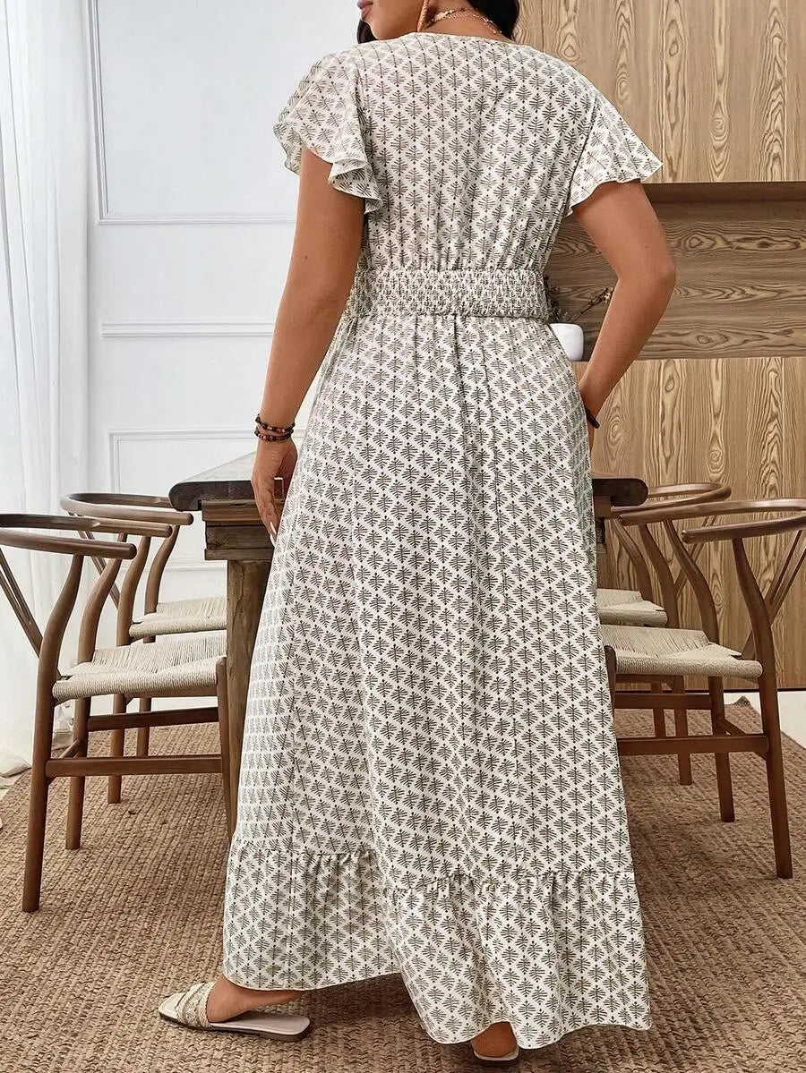 Women's Ruffle Short Sleeve Elastic Waist Maxi Dress