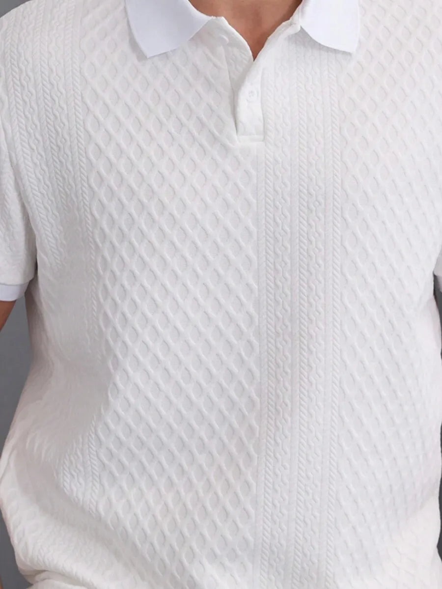 Men's White Short Sleeve Polo Shirt with Geometric Jacquard Knit