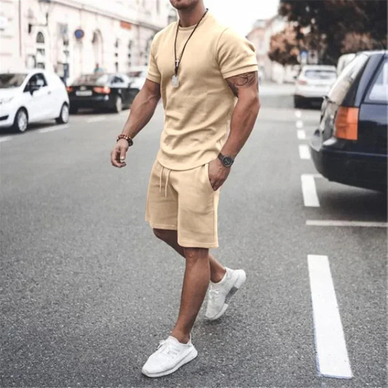 Solid Color Europe and The United States Men's 13 Color Summer New Short Sleeve Tshirt +Shorts 2pcs Set Leisure Sports Men Suit