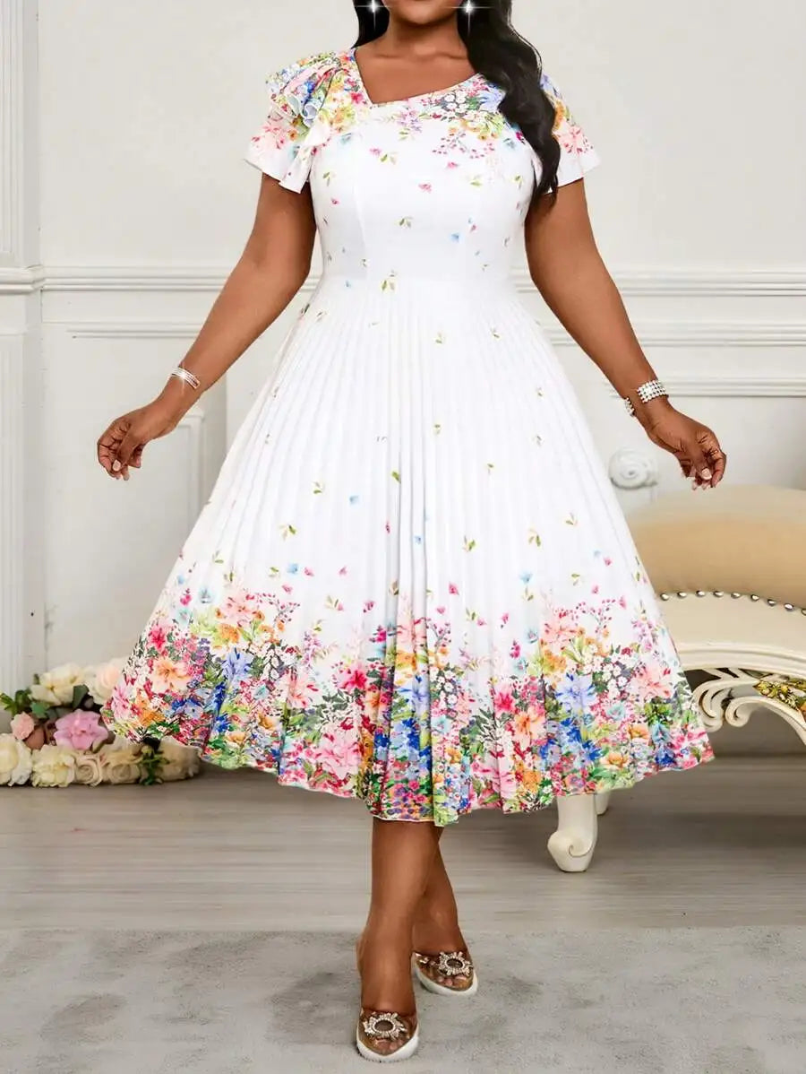 Women's Pleated Summer Midi Dress With Flounce Sleeve