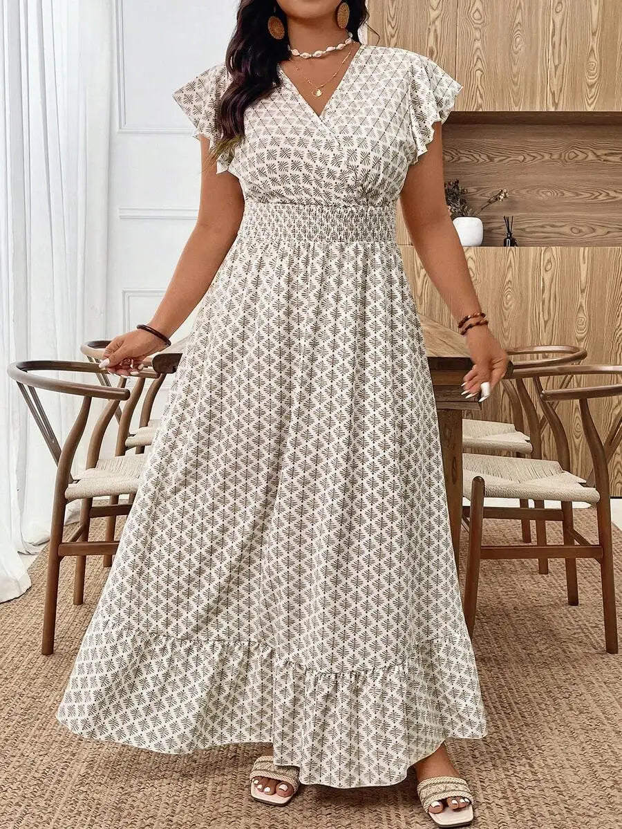 Women's Ruffle Short Sleeve Elastic Waist Maxi Dress