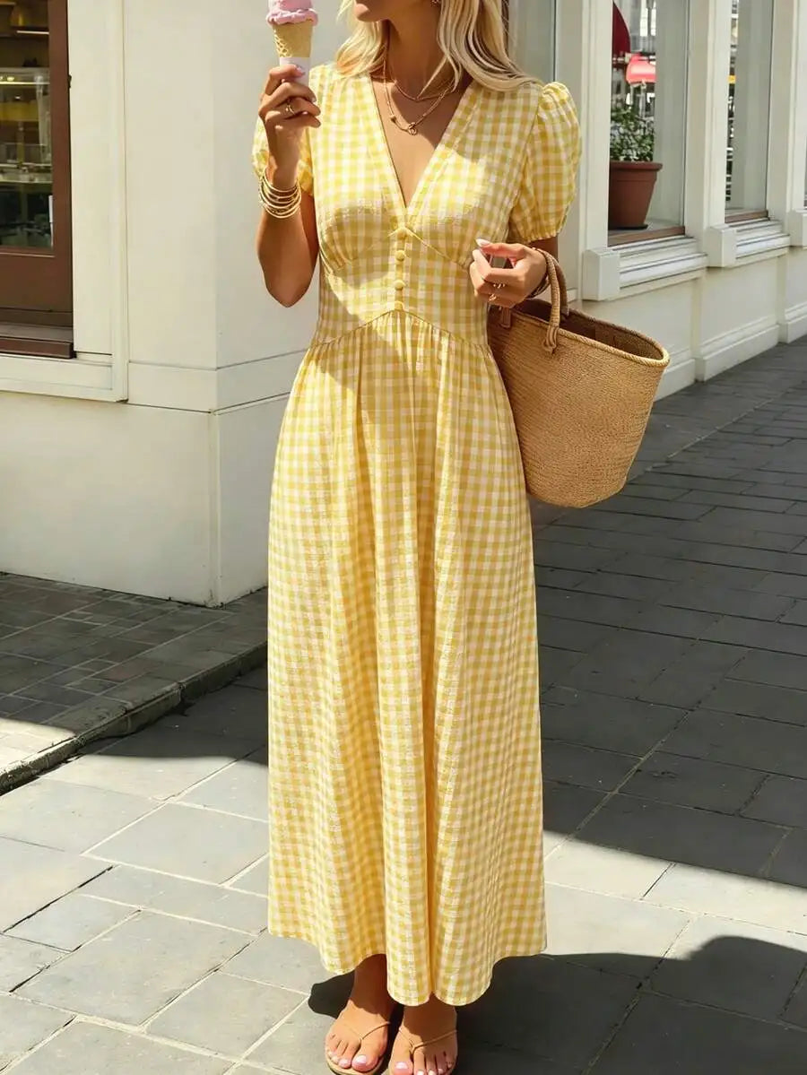 Women's V-Neck Petal Sleeve Cinched Waist Midi Swing Dress