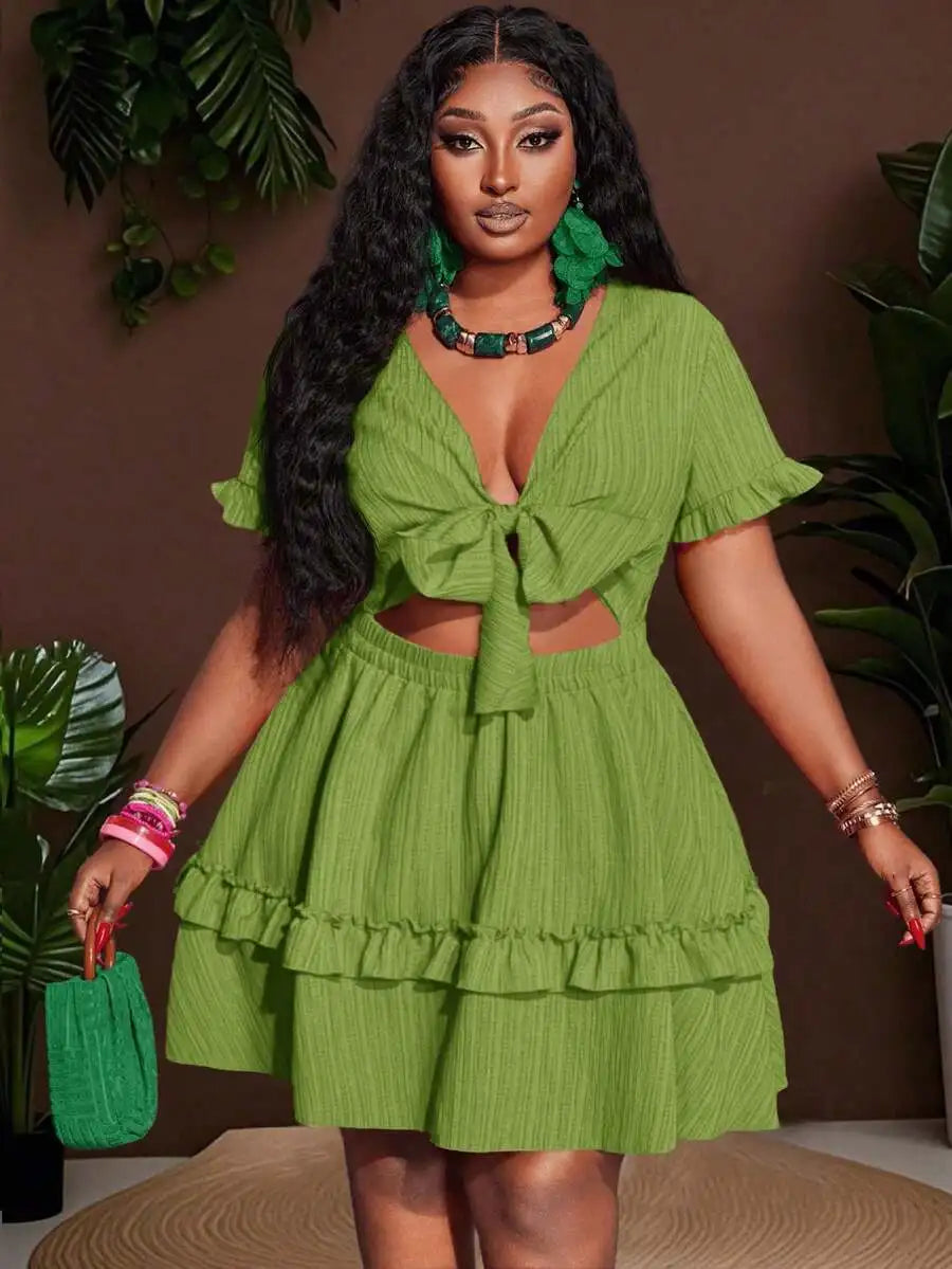 Women's Ruffle Mini Dress with Chest Tie-Up and Hollow Out Detail A-Line