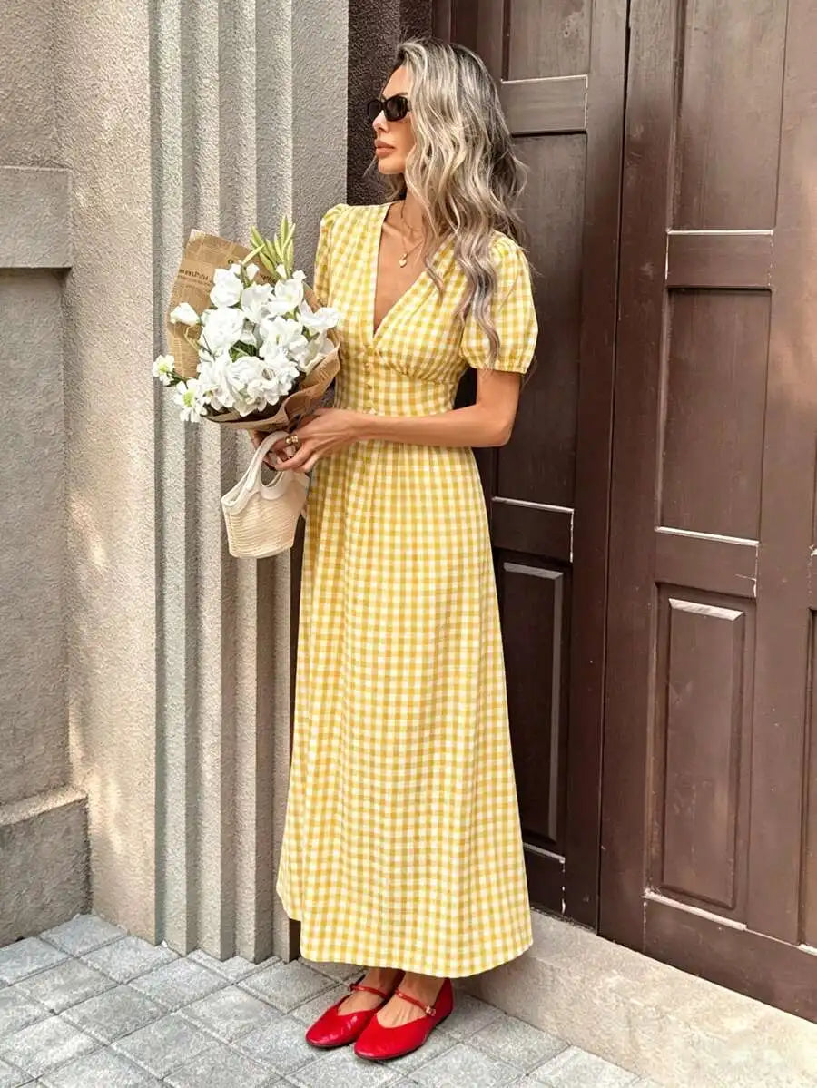 Women's V-Neck Petal Sleeve Cinched Waist Midi Swing Dress