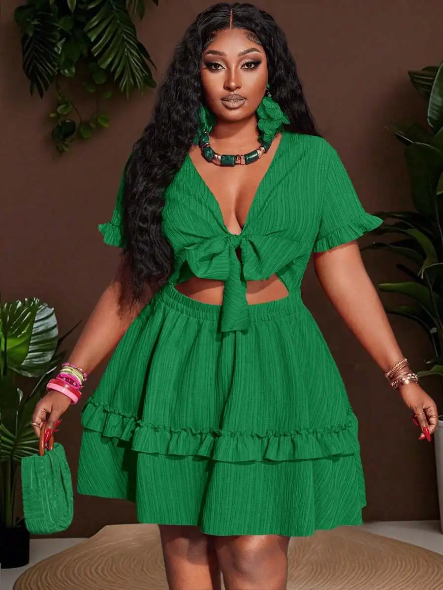 Women's Ruffle Mini Dress with Chest Tie-Up and Hollow Out Detail A-Line