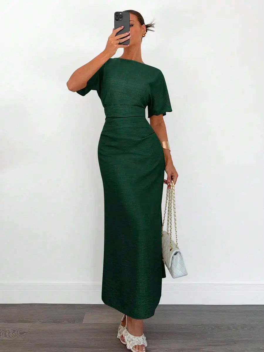 Women's Cotton Blend Short Sleeve Cinched Waist Maxi Dress