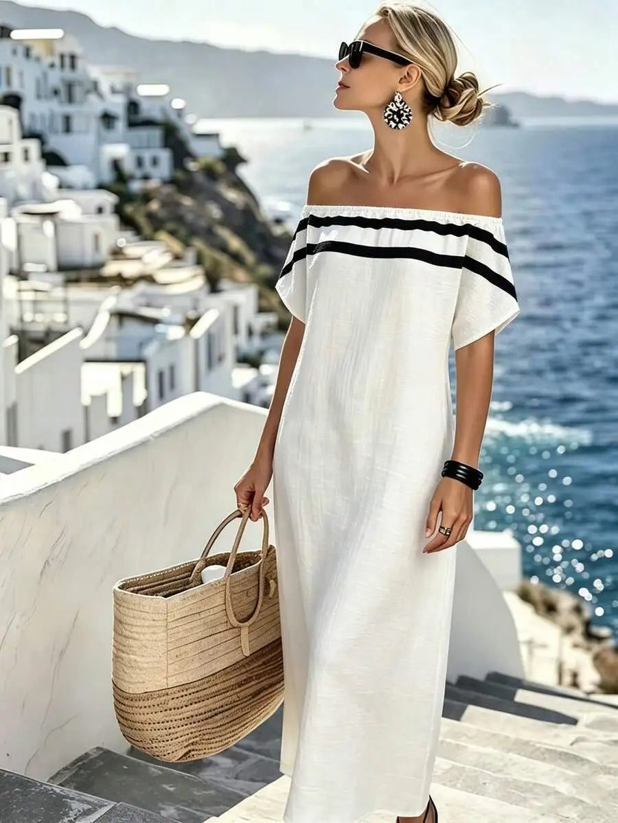 White Off Shoulder Striped Casual Vacation Midi Dress For Women