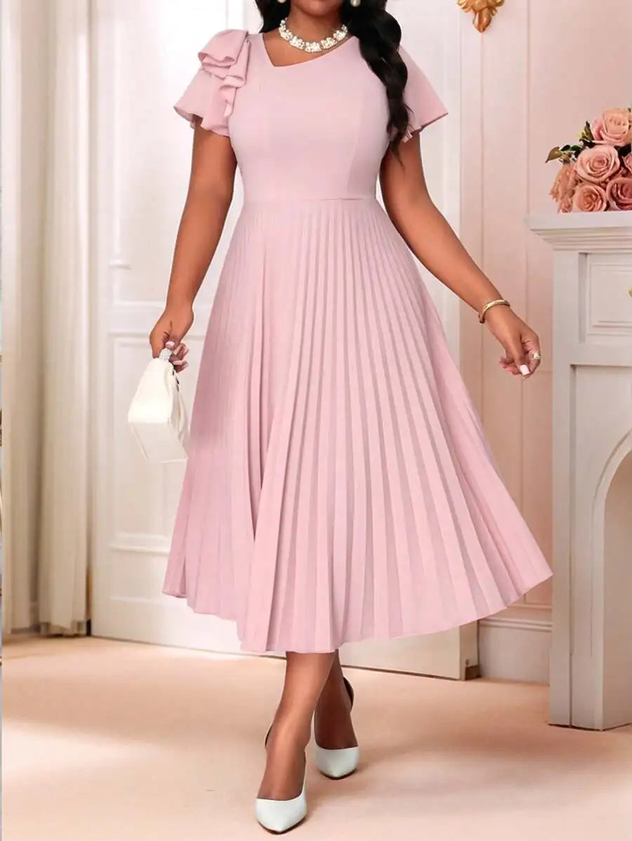 Women's Pleated Summer Midi Dress With Flounce Sleeve