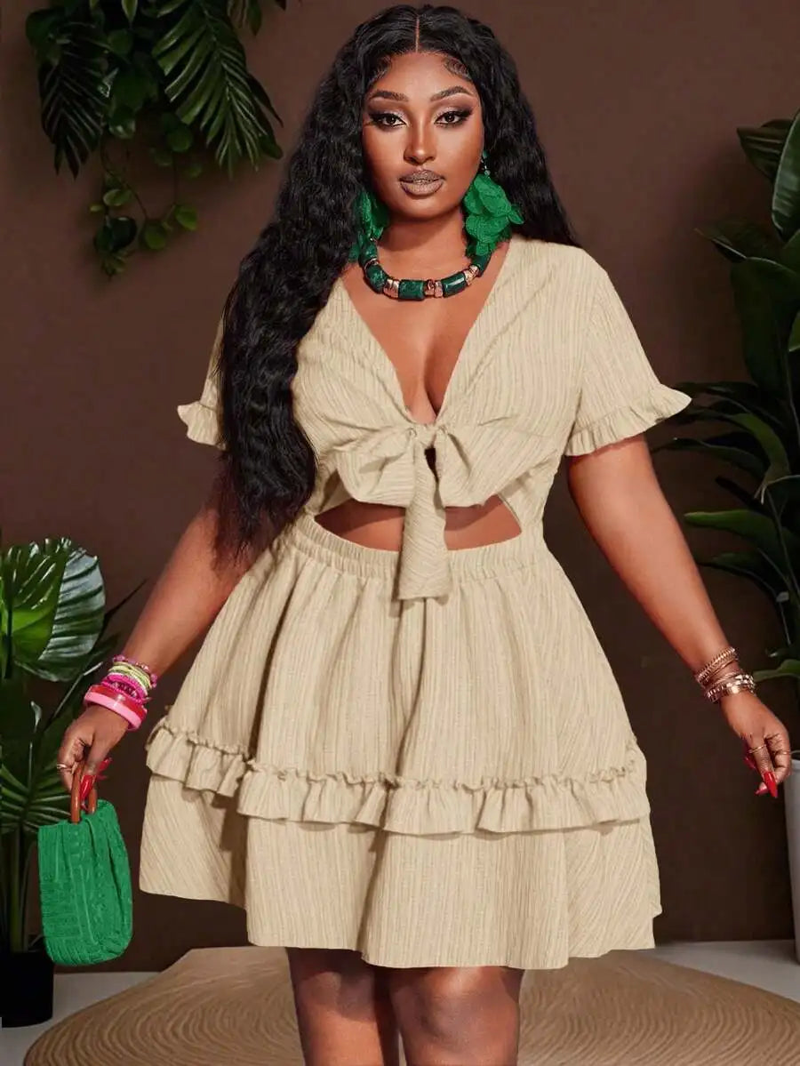 Women's Ruffle Mini Dress with Chest Tie-Up and Hollow Out Detail A-Line