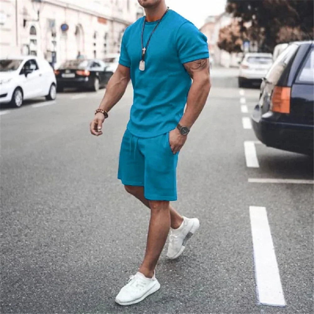 Solid Color Europe and The United States Men's 13 Color Summer New Short Sleeve Tshirt +Shorts 2pcs Set Leisure Sports Men Suit