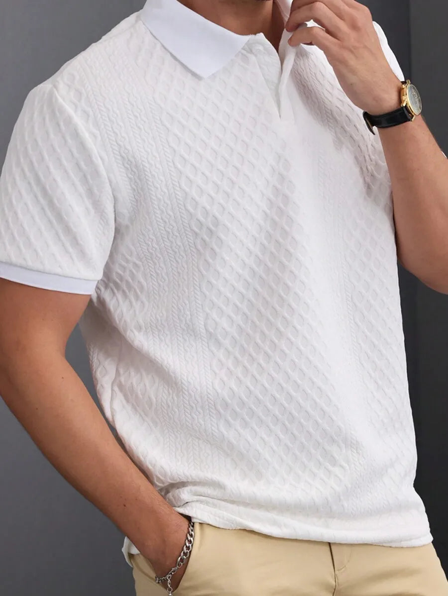 Men's White Short Sleeve Polo Shirt with Geometric Jacquard Knit