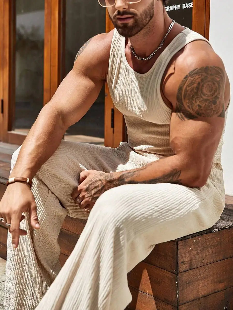 Men Summer Tank Top And Pants Set Sleeveless Ribbed Two Piece Outfit