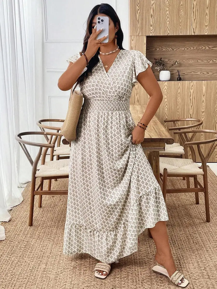 Women's Ruffle Short Sleeve Elastic Waist Maxi Dress