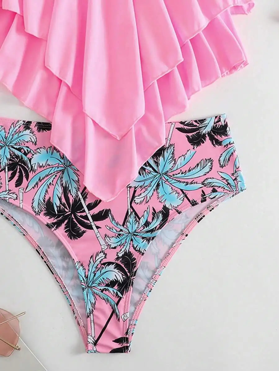 Women's Ruffled Tank Top with High-Waisted Tropical Bikini Bottoms