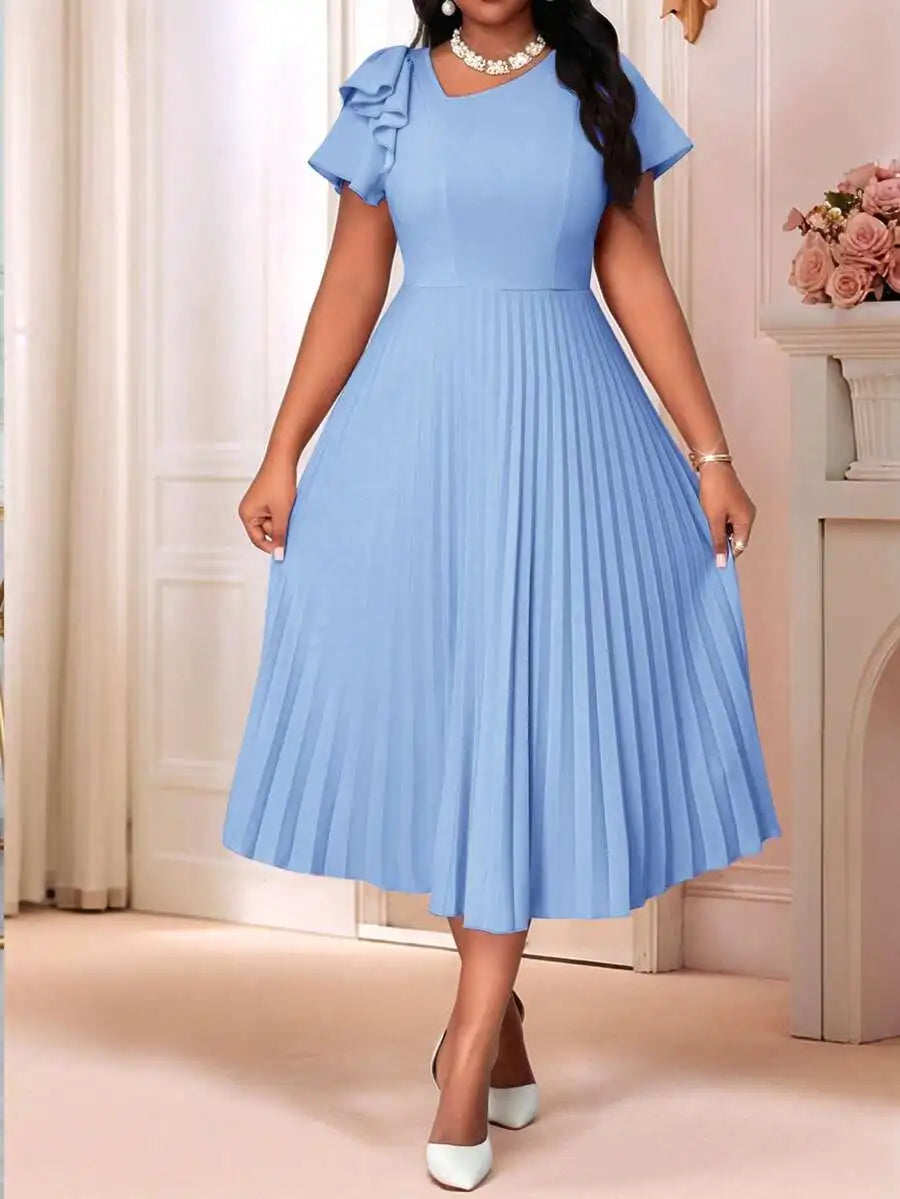 Women's Pleated Summer Midi Dress With Flounce Sleeve