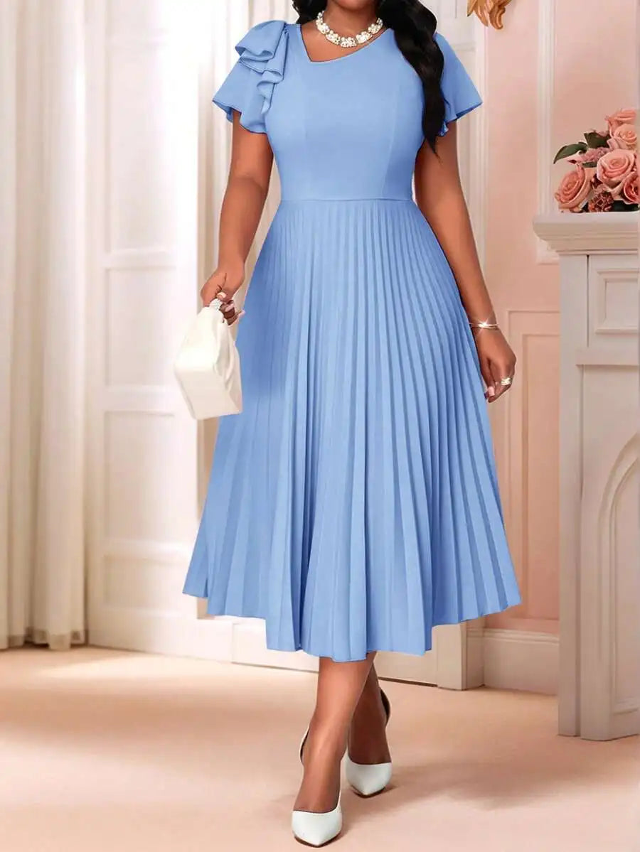 Women's Pleated Summer Midi Dress With Flounce Sleeve