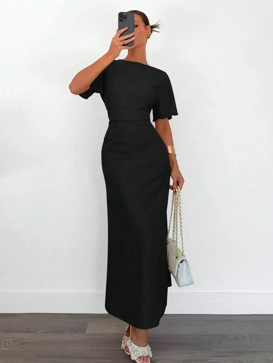 Women's Cotton Blend Short Sleeve Cinched Waist Maxi Dress